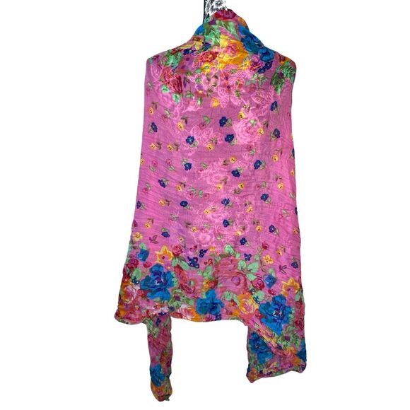 Pink Floral Crinkle Lightweight Sheer Scarf Vibrant Multicolor Shawl Wrap - Picture 4 of 8